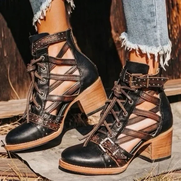 Freebird Cheyenne Multi Strap Lace-Up Leather Bootie Sandals Sz 9 Festival - Picture 11 of 11